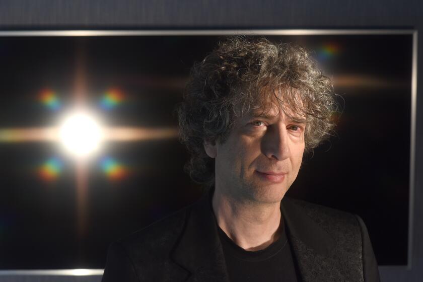 A headshot of Neil Gaiman next to a bright light