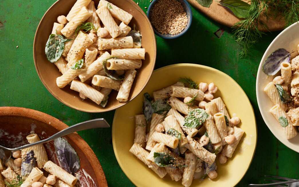 A bowl of Tahini-Herb Pasta Salad.