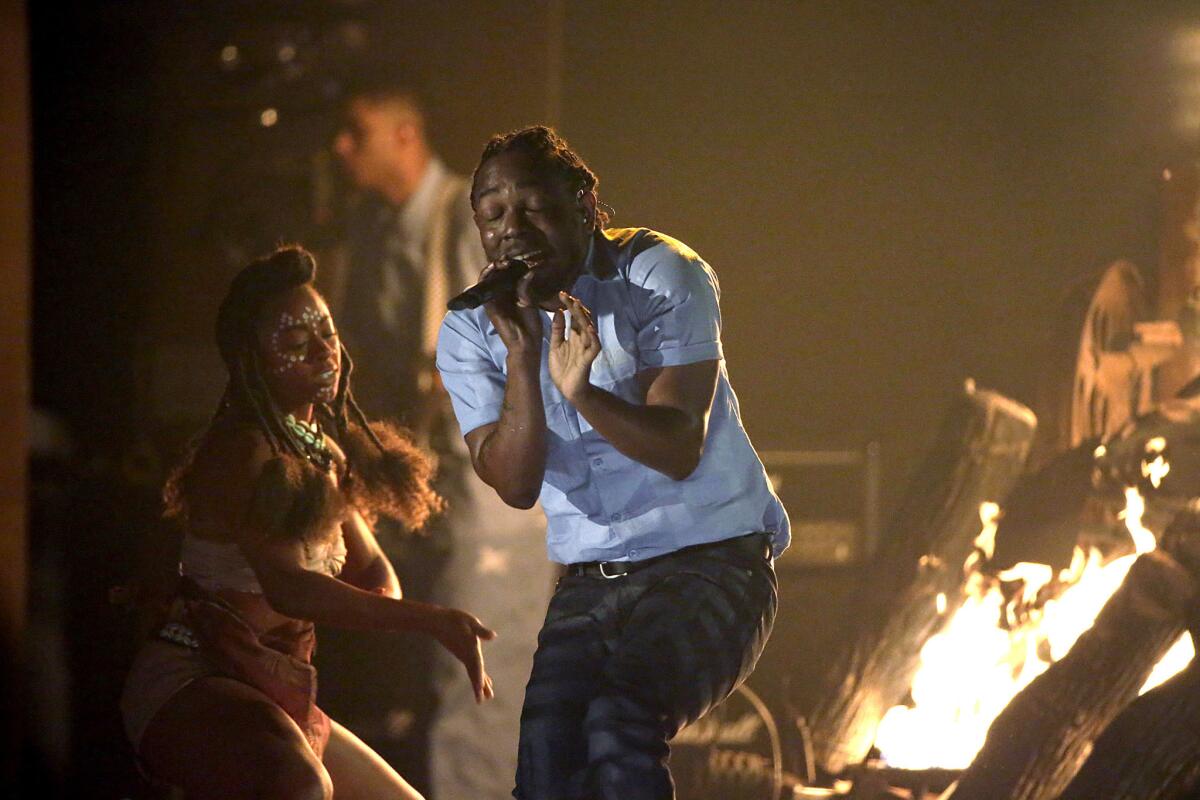 Kendrick Lamar performs at the 2016 Grammy Awards at Staples Center on Feb. 15, 2016. (Robert Gauthier / Los Angeles Times)