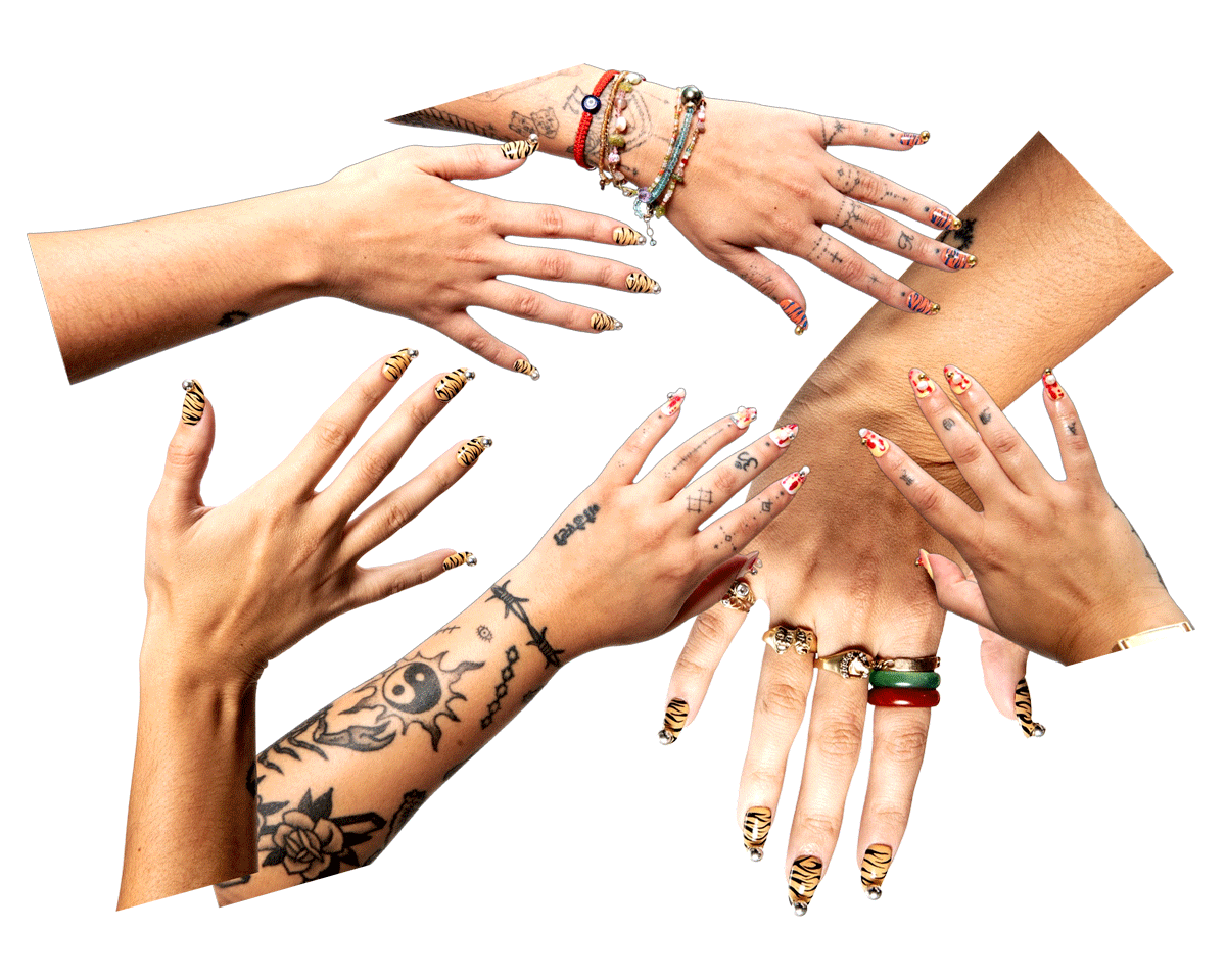 gif of various cutouts of Lesly Arrañaga’s nail art on different hands