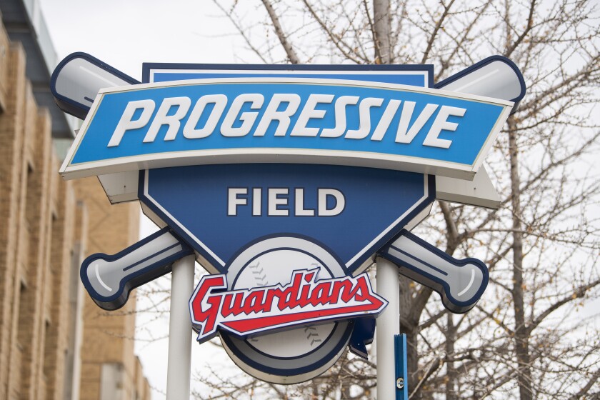 A sign with the new team name of Cleveland's baseball team, Guardians, is displayed in Cleveland, Friday, Nov. 19, 2021. It's Day One for the Guardians, who put caps, jerseys and other merchandise on sale to the public for the first time since dropping the name Indians, the franchise's identity since 1915. (AP Photo/Ken Blaze)
