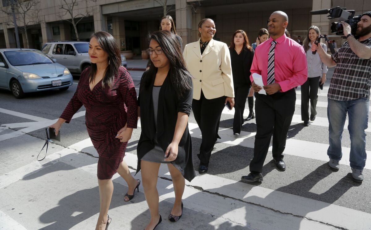 Most of the nine student plaintiffs in Vergara vs. California walk away from the 2nd District California Court of Appeal in Los Angeles after the first morning of oral arguments.