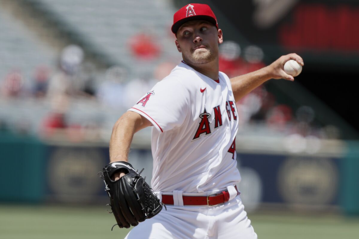 Angels pitcher Reid Detmers delivers against the Houston Astros on Aug. 15.
