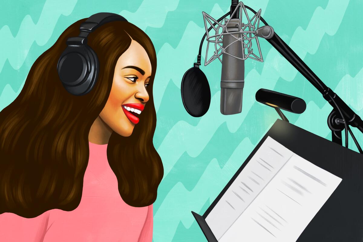 Illustration for The Times by Juliette Toma showing a young female voice actor at a microphone reading lines from a script.