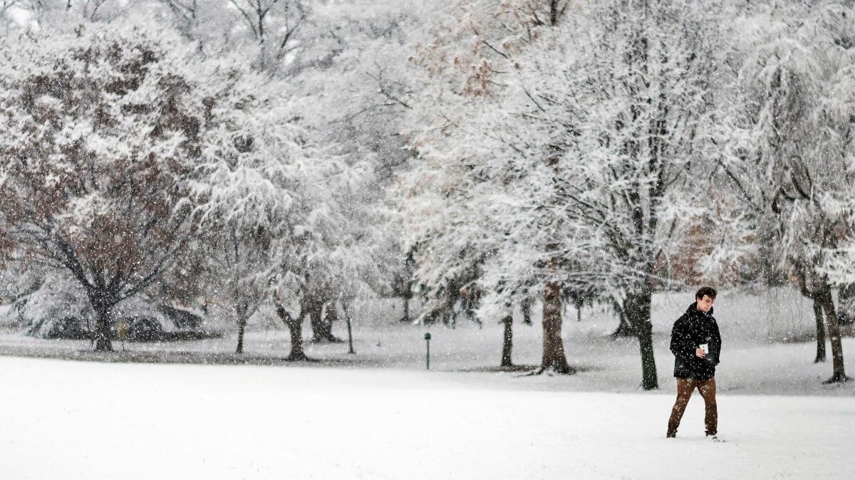 Brian Reno, a graduate student at Wake Forest University, walks through the snowy campus in Winston-Salem, N.C.