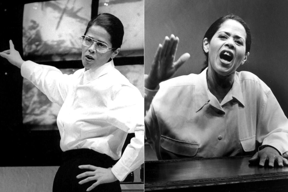 Two photos of Anna Deavere Smith as two different characters in “Twilight: Los Angeles, 1992."