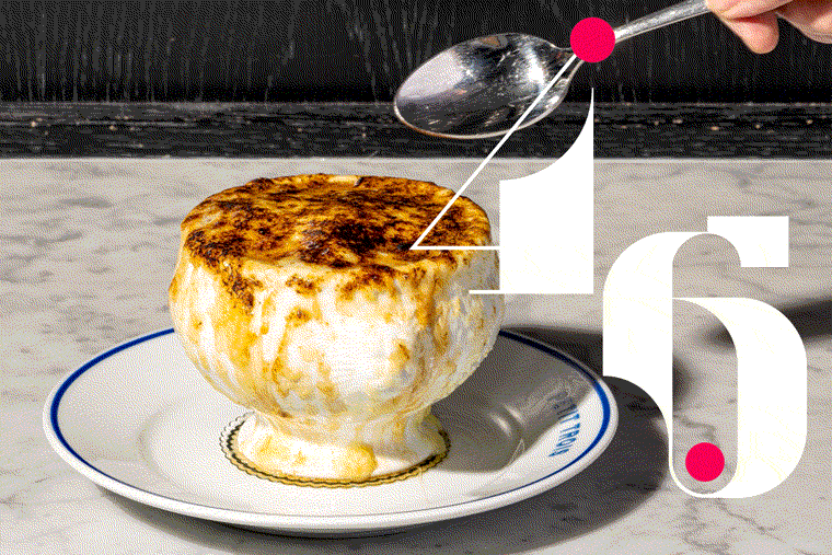 #46: A spoon dips into a bowl of french onion soup