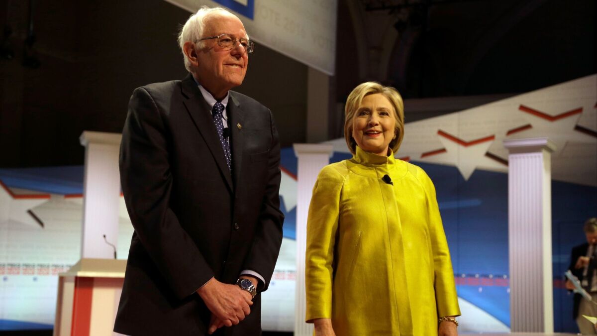 Sen. Bernie Sanders and Hillary Clinton at a Democratic presidential primary debate in Milwaukee on Feb. 11, 2016.