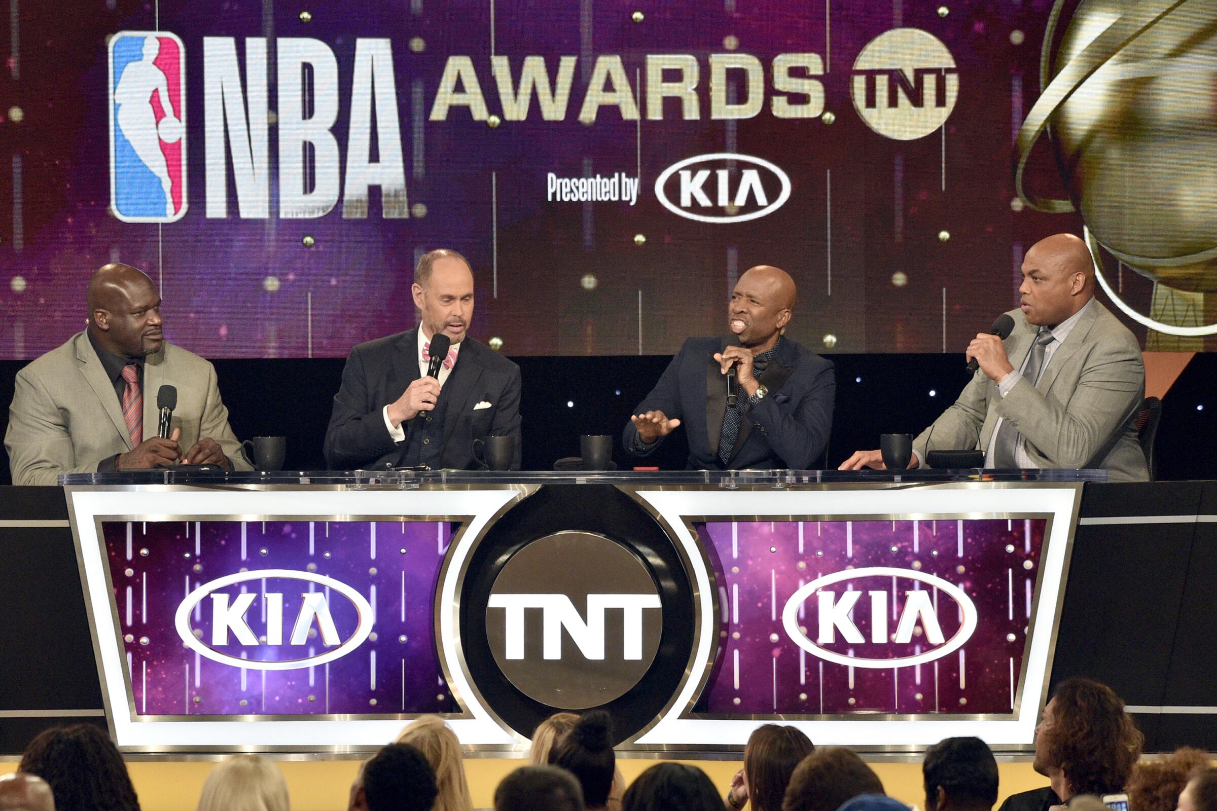 Shaquille O'Neal, from left, Ernie Johnson, Kenny Smith and Charles Barkley speak at the NBA Awards