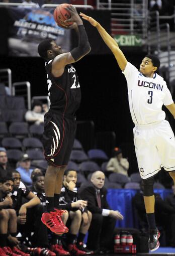 UConn's Jeremy Lamb plays defense in the first half