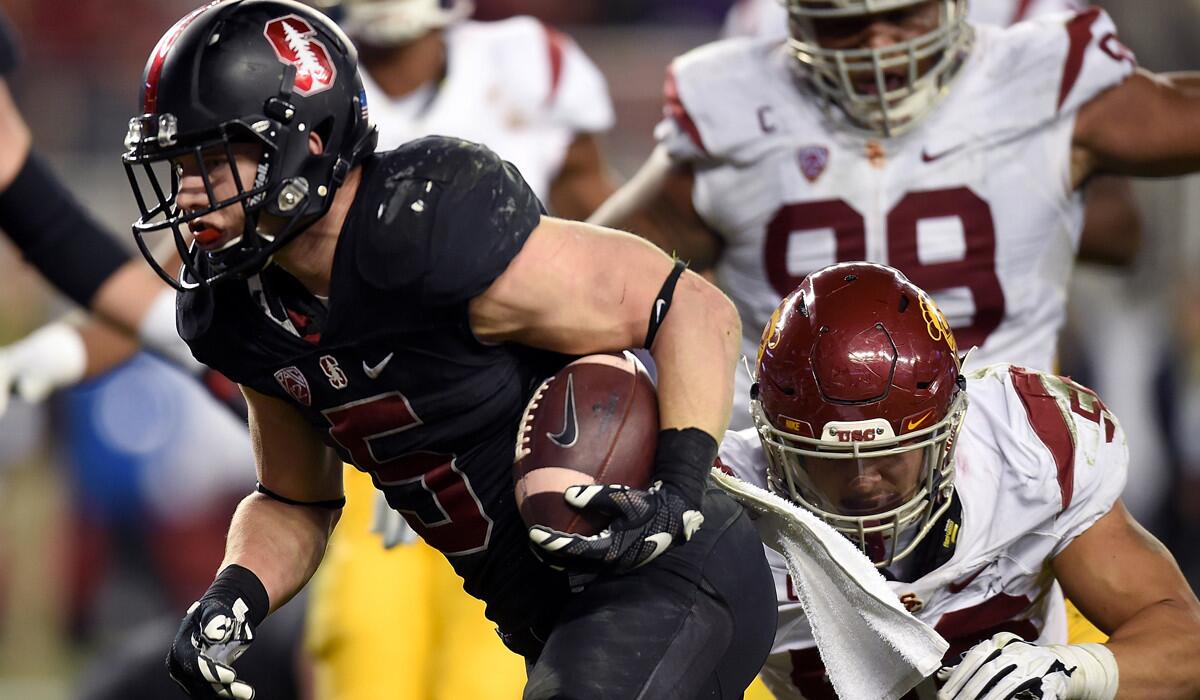 Stanford's Christian McCaffrey scores the second of two touchdowns against USC Trojans in the fourth quarter of the Pac-12 Championship game at Levi's Stadium on Saturday.