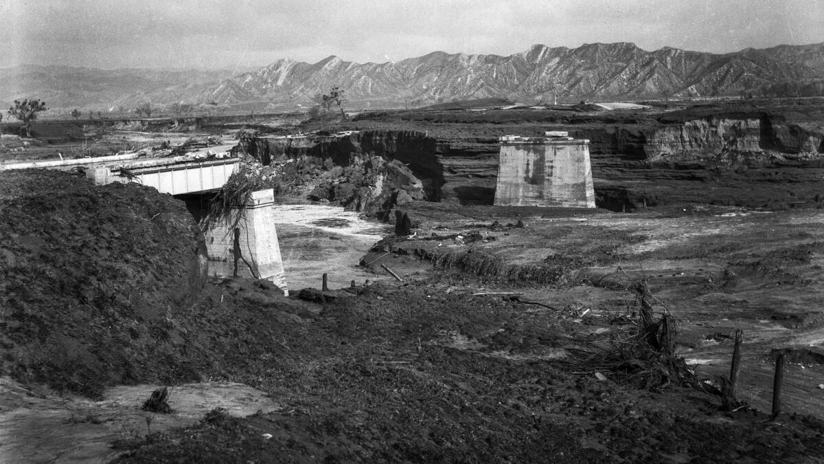 March 13, 1928: Only the supports of the Main Highway Bridge outside Castaic survived after the St. Francis Dam collapsed.