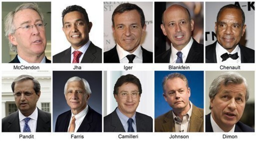 The 10 highest-paid CEOs for 2008 at Standard & Poor's 500 companies based on calculations by The Associated Press are shown in this photo combo. From top left: Chesapeake Energy CEO Aubrey McClendon, Motorola Inc. CEO Sanjay Jha, Walt Disney Co. President and CEO Robert Iger, Goldman Sachs Group CEO Lloyd Blankfein, American Express Co. CEO Ken Chenault, Citigroup Inc. CEO Vikram Pandit, Apache Corp. President, Chief Operating Officer and Chief Executive Officer G. Steven Farris, Phillip Morris International Chairman and Chief Executive Officer Louis C. Camilleri, Juniper Networks Inc. CEO Kevin Johnson, and JPMorgan Chase & Co. CEO James Dimon. (AP Photo)