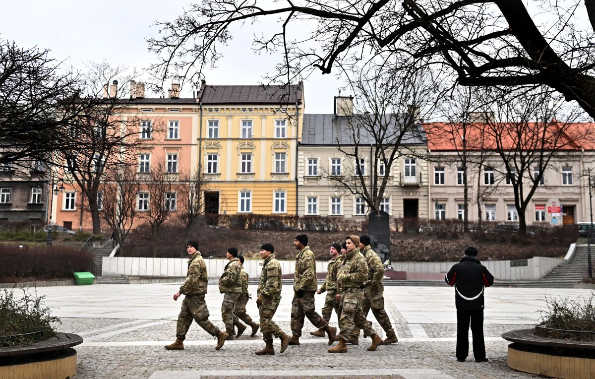 Members of the U.S. Army at Independence Square in Przemysl, Poland.
