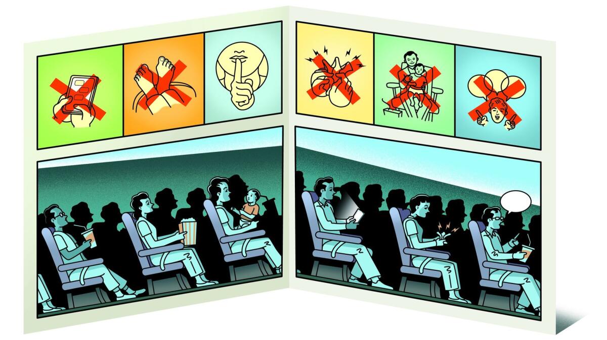 The dos and don'ts of movie theater etiquette. (Illustration by Peter and Maria Hoey / For The Times)