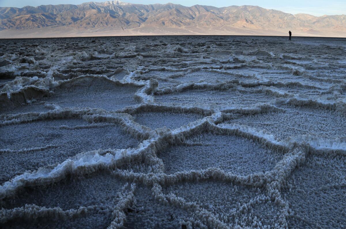 Badwater Basin in Death Valley National Park features salt flats that are 282 feet below sea level.