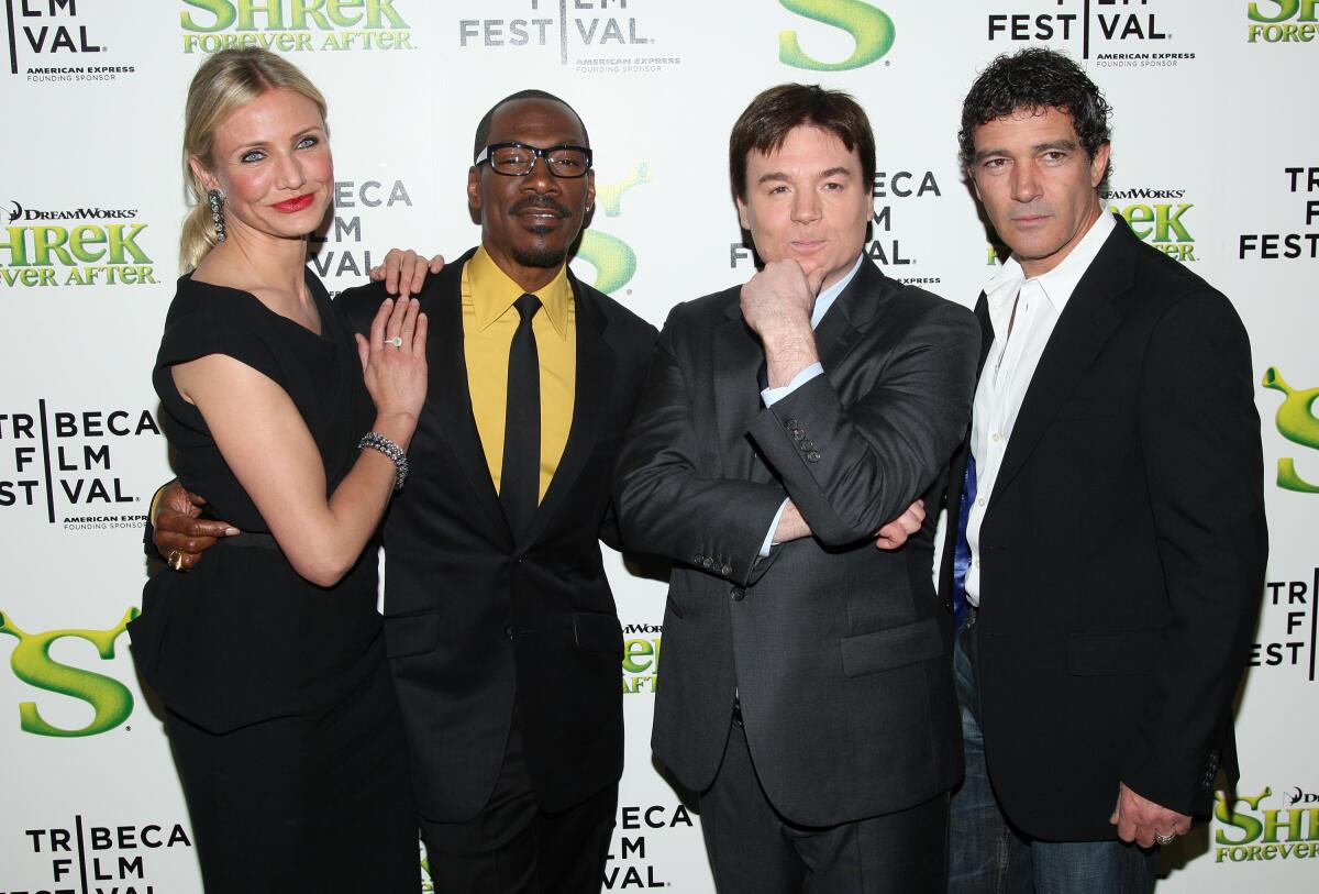 From left, actors Cameron Diaz, Eddie Murphy, Mike Myers and Antonio Banderas at the 2010 premiere of "Shrek Forever After"