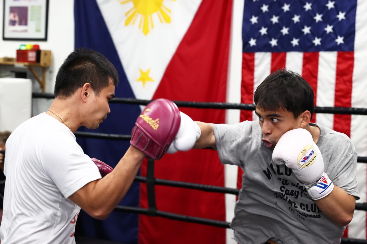 Manny Pacquiao Jr. entrena con Marvin Zomodio en el Wild Card Gym de Hollywood de cara a su duelo del jueves en Montebello.