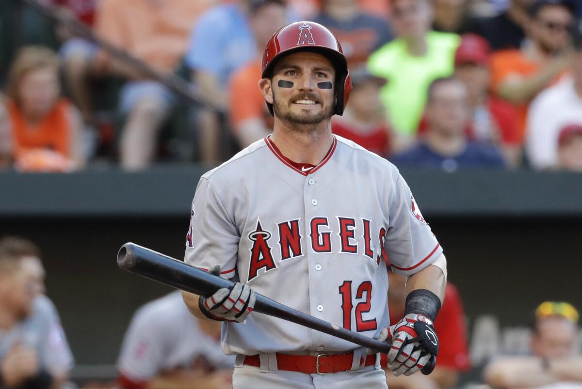 The Angels' Johnny Giavotella reacts after a called strike on July 9.