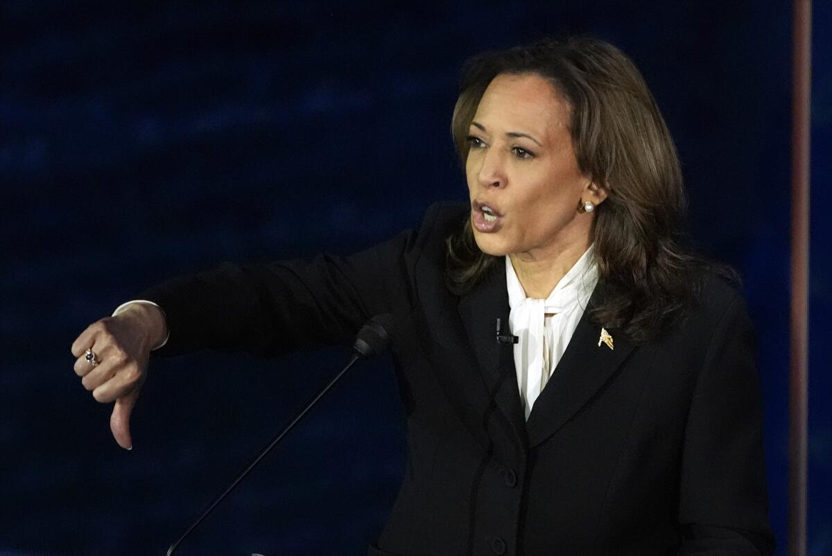 Democratic presidential nominee Vice President Kamala Harris gestures during presidential debate.