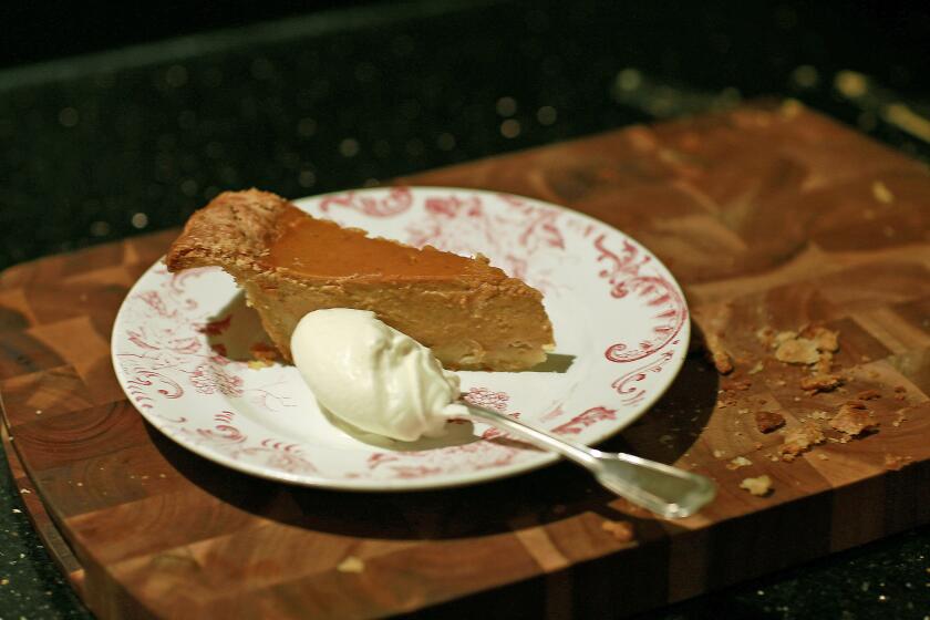 MANHATTAN BEACH, CA., OCTOBER 25, 2016-- Pumpkin Pie with Maple Whip Cream was served as dessert at the Thanksgiving cover story with BBQ guru Adam Perry Lang who is cooking a Thanksgiving feast at his house. Turkey, fixings, pie, etc. Also doing a booze-pairing story. (Kirk McKoy / LOS ANGELES TIMES)