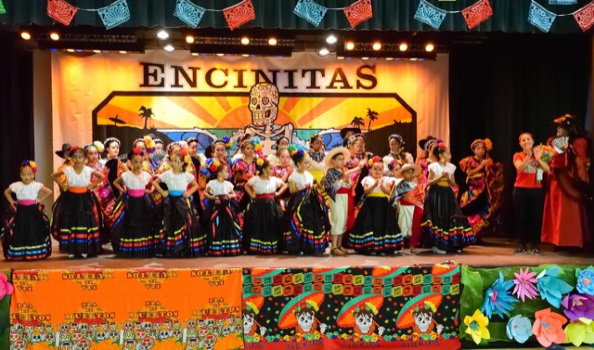 Ballet Folklorico de San Dieguito and Ballet Folklorico el Tapatio with director Nadia Arumbula at the 2018 Encinitas Dia de los Muertos. This year’s event, put on by the City of Encinitas and the Encinitas Friends of the Arts, takes place Oct. 26 at the Encinitas Community Center.