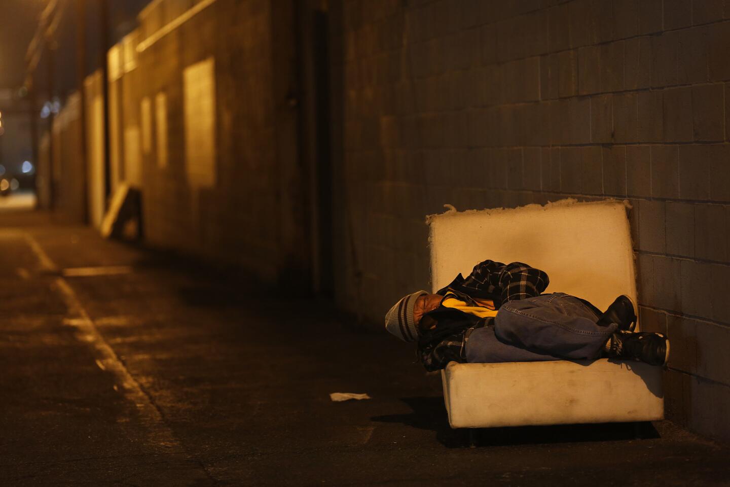 One person counted in the homeless survey sleeps in an alley. Dozens of volunteers fanned out around neighborhoods in North Hollywood to conduct part of the 2016 Greater Los Angeles Homeless Count.