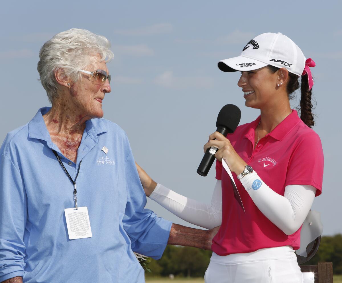 Kathy Whitworth congratulates Cheyenne Knight after she won the LPGA 2019 Volunteers of America golf tournament.