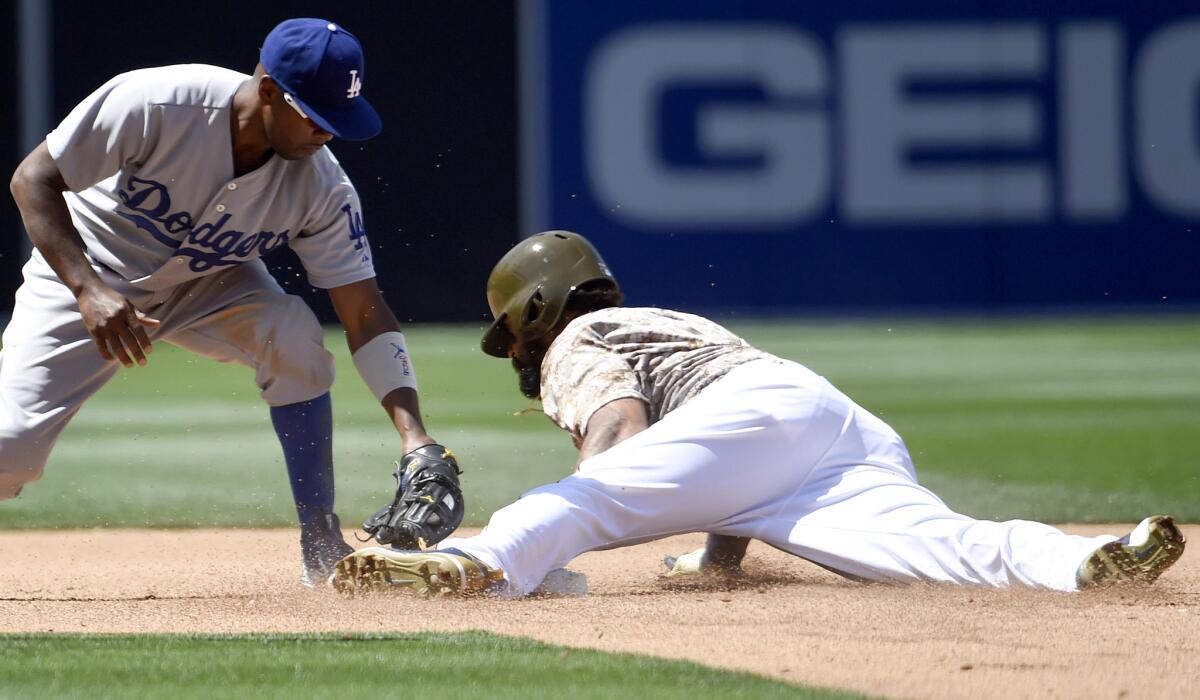Dodgers shortstop Jimmy Rollins applies a late tag as Padres right fielder Matt Kemp steals second base in the fourth inning Sunday in San Diego.