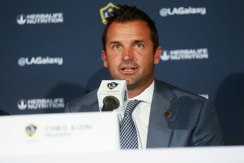 LA Galaxy's president Chris Klein speaks during a press conference introducing the team's newest player Zlatan Ibrahimovic of Sweden, following a training session at the StubHub Center, March 30, 2018 in Carson, Calif. (AP Photo/Ringo H.W. Chiu)