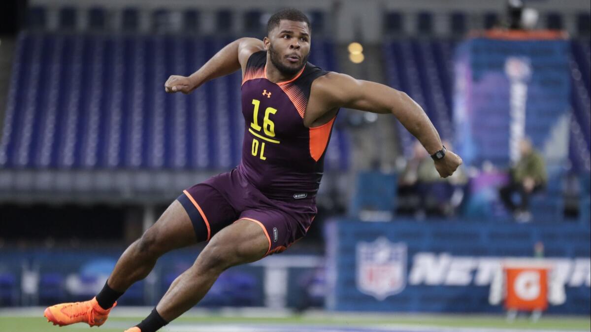 Notre Dame defensive lineman Jerry Tillery runs a drill at the NFL scouting combine.