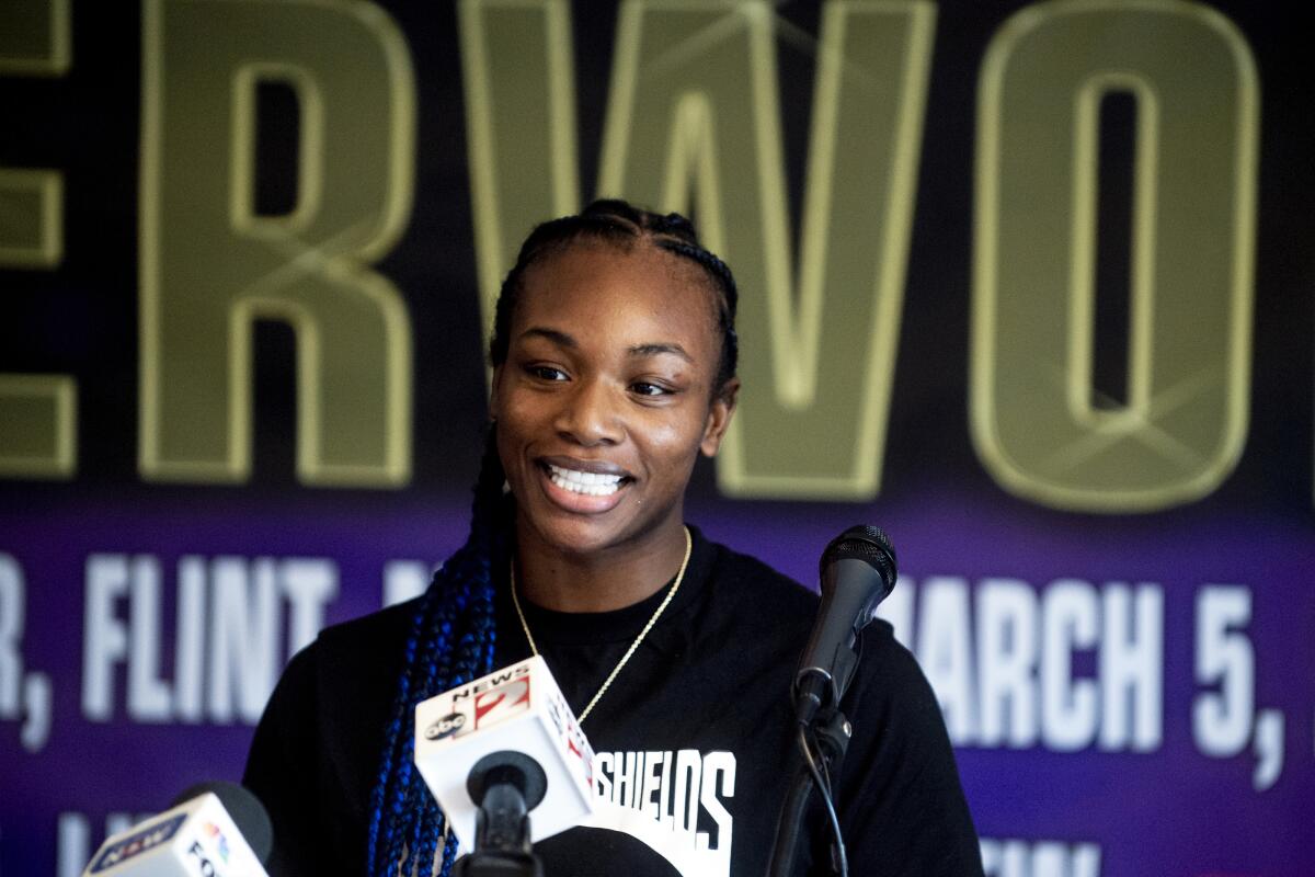 FILE - In this March 3 2021, file photo, boxers Claressa Shields speaks during a news conference in Flint, Mich. Shields did it all in boxing. Two-time Olympic gold medalist. Professional titles in three weight classes. Now she'll try to conquer MMA, starting with her pro debut for Professional Fighters League on Thursday night, June 10, 2021, in Atlantic City, N.J. (Jake May/The Flint Journal via AP, File)