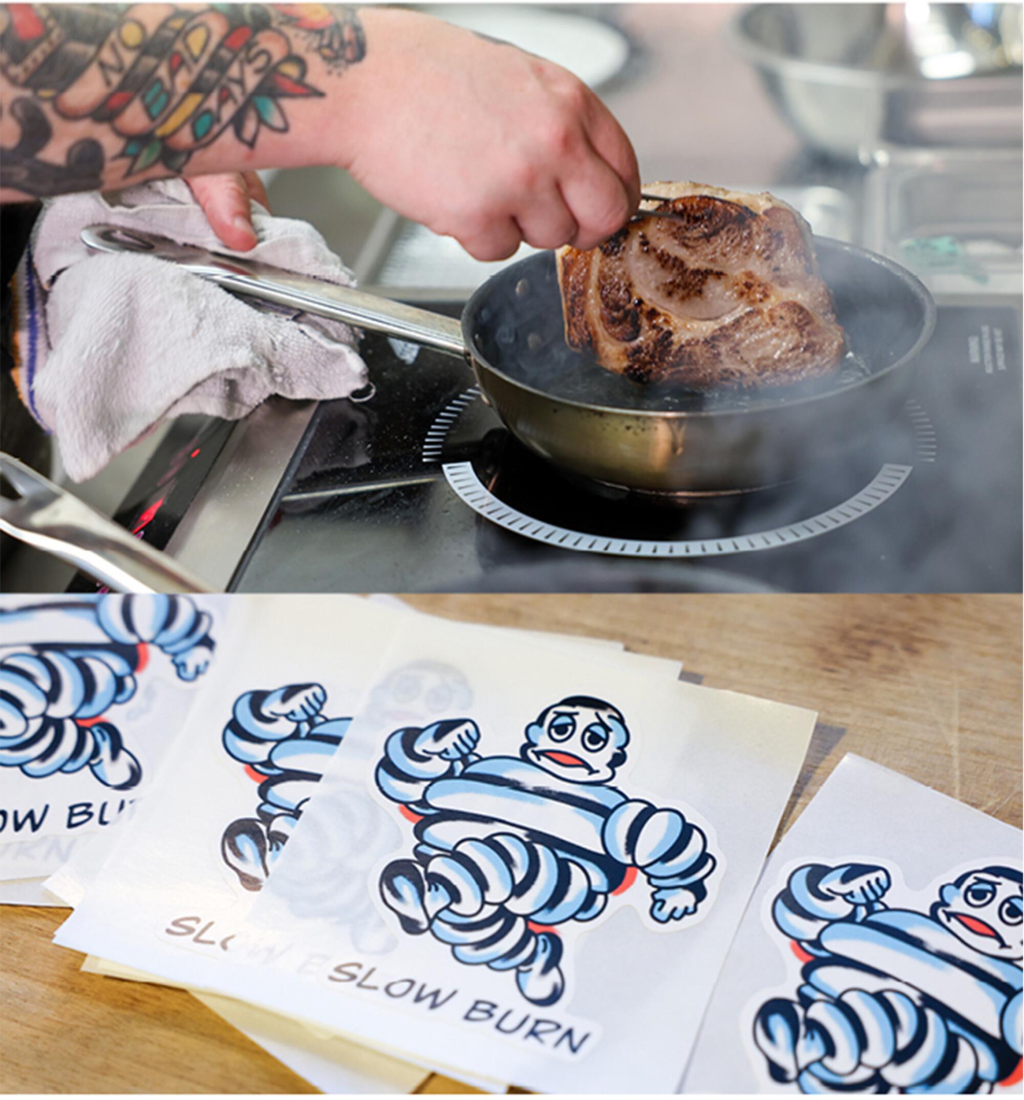 Meat cooking in a skillet, top; Slow Burn stickers show a sick-looking Michelin man-type character, running.