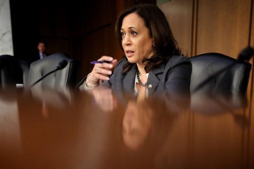 WASHINGTON, DC - JANUARY 16: Senate Judiciary Committee member Sen. Kamala Harris (D-CA) questions witnesses as part of the confirmation process for U.S. Attorney General nominee William Barr January 16, 2019 in Washington, DC. Barr, who previously served as Attorney General under President George H. W. Bush, was confronted about his views on the investigation being conducted by special counsel Robert Mueller. (Photo by Chip Somodevilla/Getty Images) ** OUTS - ELSENT, FPG, CM - OUTS * NM, PH, VA if sourced by CT, LA or MoD **