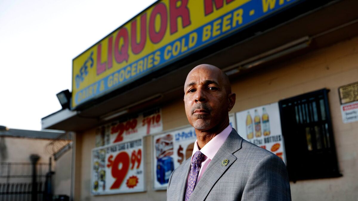 Virgil Grant, 50, a Compton native, at Dee's Liquor Market, a store from which he used to sell marijuana in the '90s. Grant supports the legal pot trade, but said Compton's pot ballot measures were flawed.