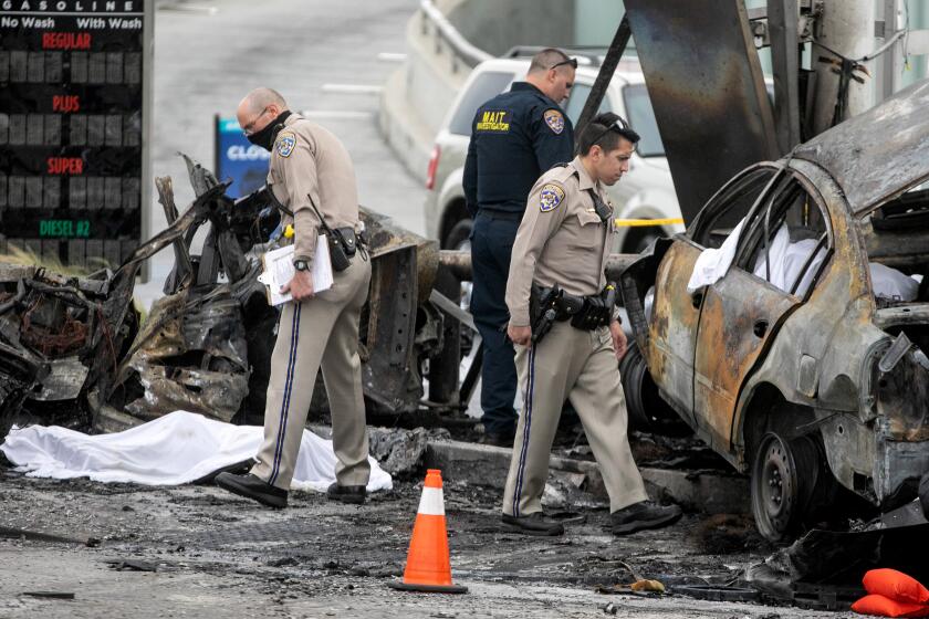 CHP and first responders investigate a fiery crash where multiple people were killed near a Windsor Hills gas station