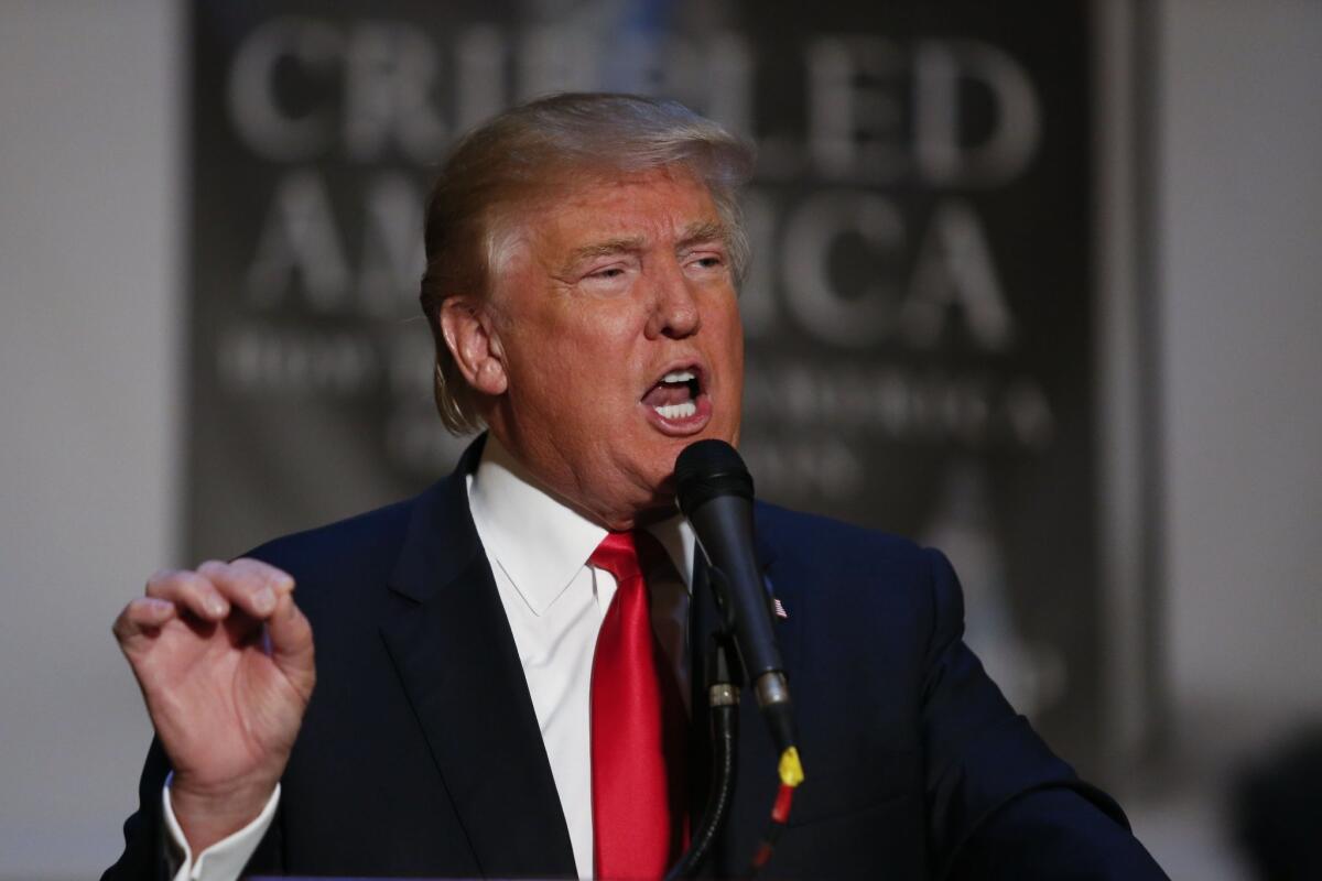 (FILES) In this November 3, 2015 file photo, Republican presidential candidate Donald Trump speaks during a press conference during a event to launch his new book "Crippled America: How to Make America Great Again" at Trump Tower in New York. Trump called November 22, 2015 for the return of waterboarding, a near-drowning interrogation technique widely denounced as torture, saying it was "peanuts" compared to what Islamic State is doing. AFP PHOTO/Kena BetancurKENA BETANCUR/AFP/Getty Images ** OUTS - ELSENT, FPG, CM - OUTS * NM, PH, VA if sourced by CT, LA or MoD **