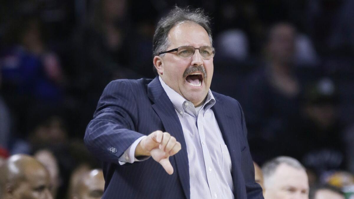 Stan Van Gundy yells instructions while coaching the Detroit Pistons.