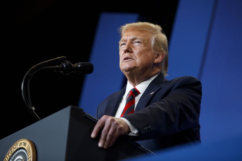 FILE - In this Thursday, Sept. 12, 2019, file photo, President Donald Trump pauses as he speaks at the 2019 House Republican Conference Member Retreat Dinner in Baltimore. New York City prosecutors have subpoenaed President Donald Trump's tax returns, a person familiar with the matter said Monday, Sept. 16. The person was not authorized to speak publicly and did so on condition of anonymity. (AP Photo/Carolyn Kaster, File)