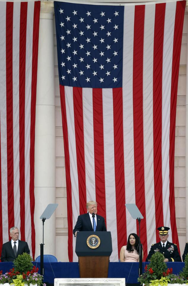 President Donald Trump speaks at the Memorial Amphitheater in Arlington National Cemetery in Arlington, Va., Monday, May 29, 2017, during a Memorial Day ceremony.