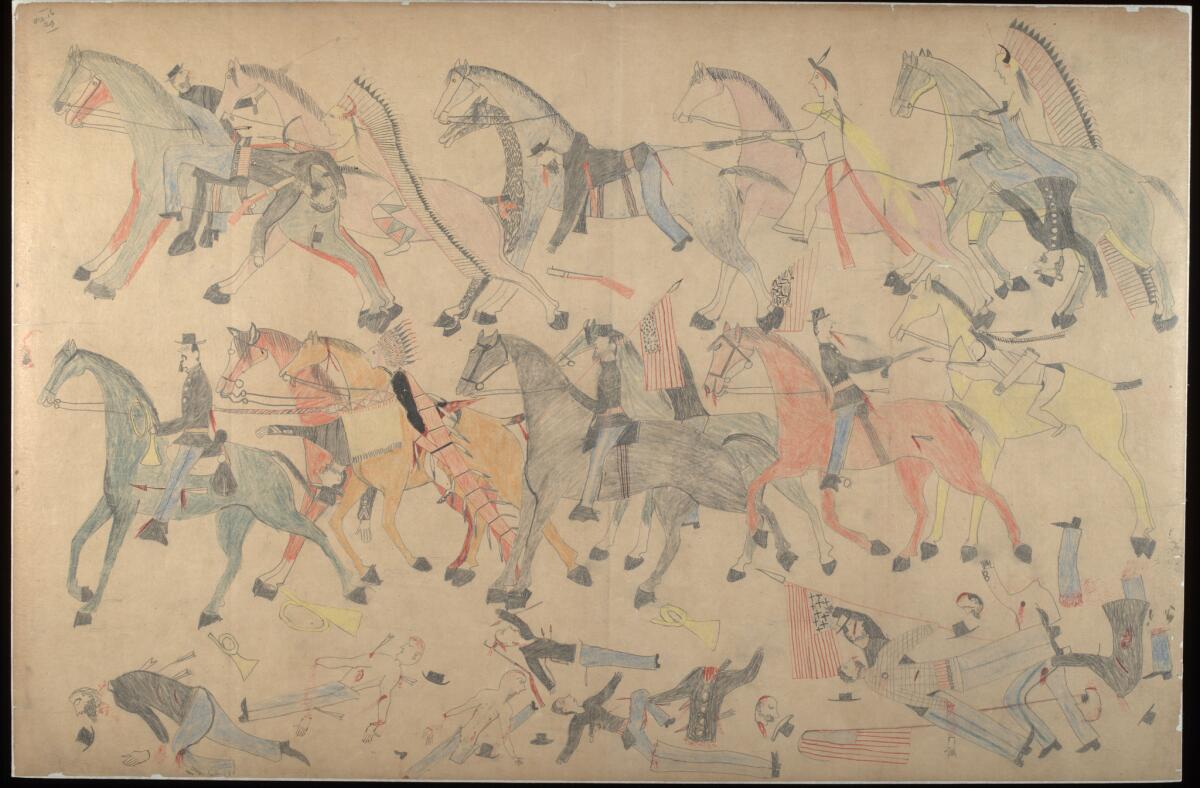 A scene from the Battle of the Little Bighorn drawn by Red Horse, a Lakota Sioux chief who fought in the battle. It's one of a dozen drawings that will be shown in an exhibition at Stanford University, picked from the 42 that Red Horse created from memory five years after the 1876 battle.