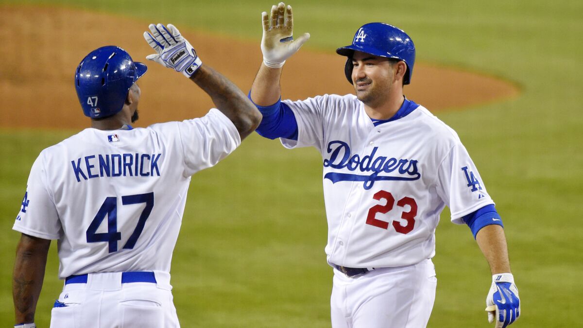 Dodgers first baseman Adrian Gonzalez (23) is congratulated by second baseman Howie Kendrick after hitting a solo home run in the first inning of a game against the Diamondbacks on Monday.