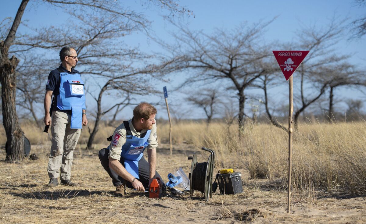 Britain's Prince Harry remotely detonates a land mine at a minefield in Dirico, Angola.