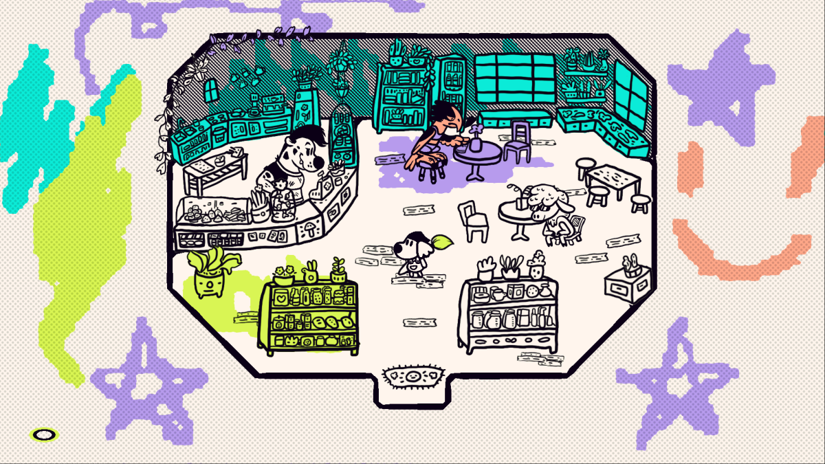 A video game shows cartoon figures working in a cafe with pastel-colored doodles on the border.