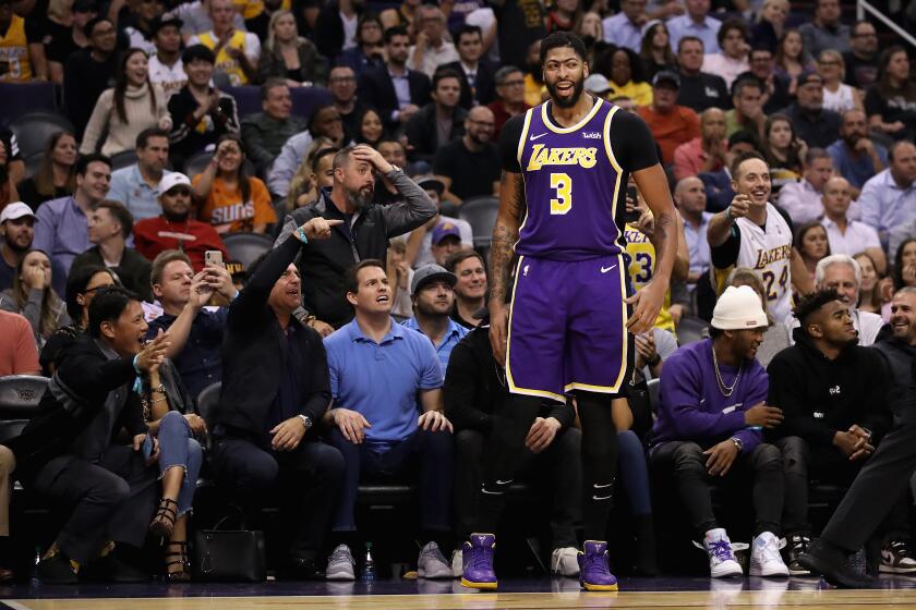 PHOENIX, ARIZONA - NOVEMBER 12: Anthony Davis #3 of the Los Angeles Lakers reacts during the final moments of the NBA game against the Phoenix Suns at Talking Stick Resort Arena on November 12, 2019 in Phoenix, Arizona. The Lakers defeated the Suns 123-115. NOTE TO USER: User expressly acknowledges and agrees that, by downloading and/or using this photograph, user is consenting to the terms and conditions of the Getty Images License Agreement (Photo by Christian Petersen/Getty Images)