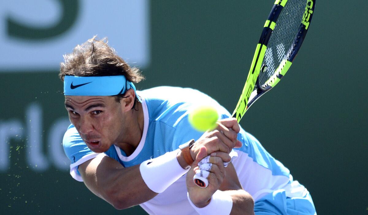 Rafael Nadal in action against Kei Nishikori during their quarter final round match at the BNP Paribas Open tennis tournament on Friday.