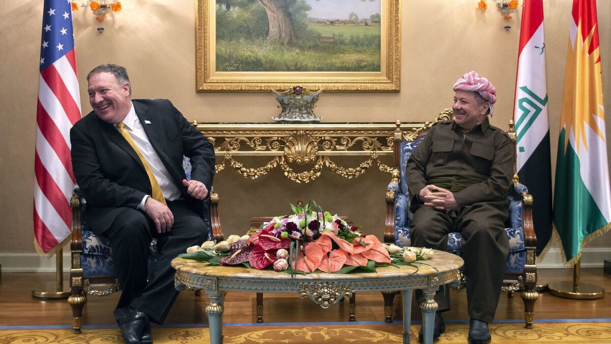 U.S. Secretary of State Michael R. Pompeo, left, meets with Massoud Barzani, leader of the Kurdistan Democratic Party, in Irbil, Iraq on Wednesday.