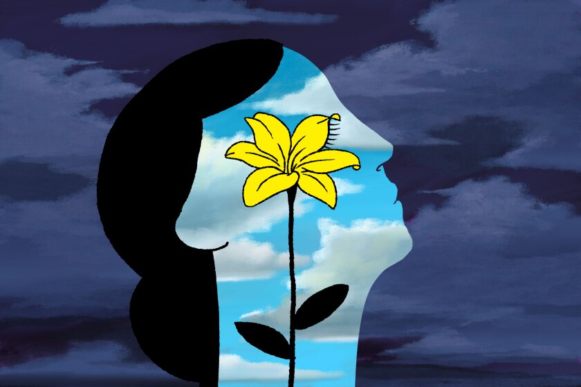Illustration of a woman's head surrounded by dark clouds. Inside her head is bright sky and a yellow flower.