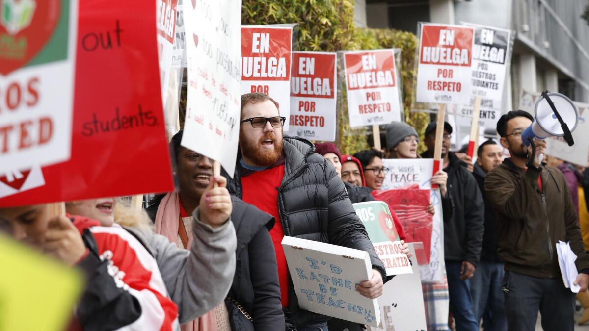 Teachers at the Accelerated Schools, a network of charter schools in South Los Angeles, picket Jan. 15.