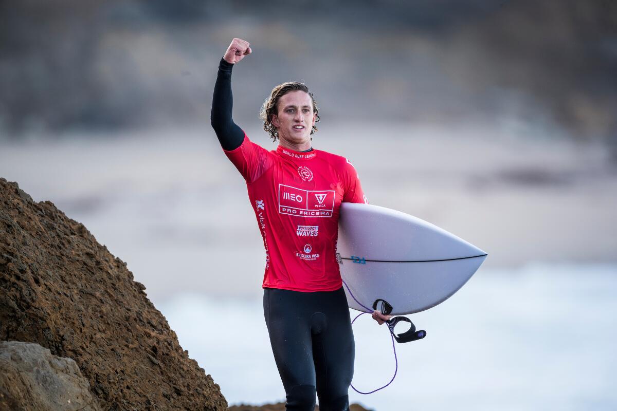 Jake Marshall competing in Portugal on route to winning a place on the WSL Tour.